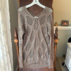 Cozy casual beige crocheted long sleeve tunic top women’s size M/L